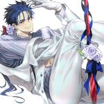  1boy alternate_costume blue_hair cu_chulainn_(fate)_(all) cu_chulainn_(fate/stay_night) earrings fate/stay_night fate_(series) flower formal gae_bolg_(fate) gloves grin highres jacket jewelry long_hair long_sleeves looking_at_viewer male_focus pants ponytail red_eyes ribbon rose shirt simple_background smile solo spiky_hair striped striped_shirt suit tarako_(kubo315) white_flower white_gloves white_rose white_suit 