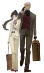  1boy 1girl absurdres archer_(fate) black_footwear black_gloves black_hair blue_eyes bow brown_footwear business_suit carrying dark-skinned_male dark_skin fate/stay_night fate_(series) formal gloves hataya headset highres long_hair looking_at_watch luggage pant_suit ponytail rolling_suitcase simple_background suit suitcase tohsaka_rin walking watch watch white_background white_bow white_hair 