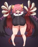  barefoot black_panties breasts breathing_fire cape commentary_request dragon_claw dragon_horns fire highres horns huge_breasts ilulu_(maidragon) kobayashi-san_chi_no_maidragon open_mouth panties pointy_ears red_eyes sharp_teeth sho_(wnmf3234) slit_pupils tail teeth underwear 