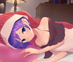  1girl bangs bare_shoulders bed black_dress blue_eyes book chest_of_drawers closed_mouth doremy_sweet dress eyebrows_visible_through_hair hat highres kanpa_(campagne_9) lamp light looking_at_viewer lying off_shoulder pillow purple_hair red_headwear shadow short_hair sleeveless smile solo touhou wall white_dress 