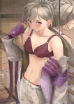  1girl blush bottle bra breasts closed_mouth collarbone contender_(girls_frontline) cowboy_shot girls_frontline gloves greyscale highres long_sleeves medium_breasts mirror monochrome multicolored_hair navel open_clothes pants purple_gloves purple_hair ra_9rara reflection solo streaked_hair sweat underwear violet_eyes white_pants 
