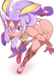  1girl animal_ears ass back bare_shoulders bent_over bracelet breasts dark-skinned_female dark_skin egyptian_clothes fate/grand_order fate_(series) hairband highres jackal_ears jewelry kosame_daizu long_hair looking_at_viewer nitocris_(fate) parted_lips purple_hair sandals solo staff violet_eyes 