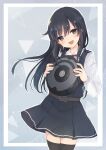  1girl asashio_(kancolle) belt black_hair black_legwear blue_eyes cowboy_shot dress dress_shirt highres holding kantai_collection kayuma long_hair long_sleeves looking_at_viewer neck_ribbon pinafore_dress red_ribbon remodel_(kantai_collection) ribbon roomba shirt smile solo thigh-highs white_shirt 