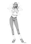  1girl aihara_akito armpits bracelet clothes_lift dated highres hot jewelry leggings long_hair mask midriff monochrome mouth_mask natsuki_(new_normal) navel new_normal shirt_lift signature simple_background solo standing sweat white_background 