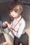  1girl bags_under_eyes bra_through_clothes brown_eyes brown_hair coffee coffee_mug cup eyebrows_visible_through_hair id_card idolmaster idolmaster_cinderella_girls indoors kamille_(vcx68) looking_at_viewer mug office_lady pantyhose pencil_skirt ponytail scrunchie see-through senkawa_chihiro shirt skirt solo wet wet_clothes wet_shirt 