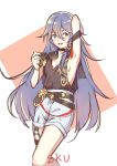  1girl :d arm_behind_head armpits bangs bare_shoulders belt belt_buckle black_shirt breasts buckle casual fu_hua fu_hua_(night_squire) hair_between_eyes hair_ornament holding holding_eyewear honkai_(series) honkai_impact_3rd long_hair looking_to_the_side open_mouth shirt shorts sideboob simple_background sleeveless smile solo sunglasses thighs white_background white_shorts yu_xiu 