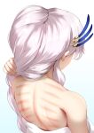  1girl feather_hair_ornament feathers from_behind hair_behind_ear hair_ornament haryudanto holding holding_hair hololive hololive_indonesia indonesian_commentary long_hair naked_towel nape pavolia_reine silver_hair solo towel upper_body virtual_youtuber 