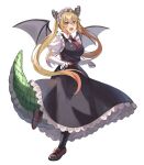  1girl absurdres bangs black_legwear blonde_hair bow breasts collared_shirt colored_tips dragon_girl dragon_horns dragon_tail dragon_wings dress eyebrows_visible_through_hair fang floating_hair frilled_dress frills full_body gloves green_tail hair_between_eyes highres horns kazuwo33_(kazumaryu1206) kobayashi-san_chi_no_maidragon large_breasts long_hair maid maid_headdress multicolored_hair necktie open_mouth orange_eyes orange_hair pinafore_dress red_bow red_neckwear shirt short_necktie smile solo standing standing_on_one_leg tail tohru_(maidragon) twintails two-tone_hair waist_bow white_background white_gloves wings 