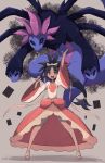 1girl :d black_hair bow bright_pupils dark-skinned_female dark_skin dress hand_up hydreigon iris_(pokemon) lamb-oic029 long_hair looking_at_viewer open_mouth pokemon pokemon_(creature) ponytail red_bow red_eyes round_teeth sandals smile solo teeth white_dress white_pupils