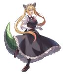  1girl absurdres bangs black_legwear blonde_hair bow breasts collared_shirt colored_tips dragon_girl dragon_horns dragon_tail dress eyebrows_visible_through_hair fang floating_hair frilled_dress frills full_body gloves green_tail hair_between_eyes highres horns kazuwo33_(kazumaryu1206) kobayashi-san_chi_no_maidragon large_breasts long_hair maid maid_headdress multicolored_hair necktie no_wings open_mouth orange_eyes orange_hair pinafore_dress red_bow red_neckwear shirt short_necktie smile solo standing standing_on_one_leg tail tohru_(maidragon) twintails two-tone_hair waist_bow white_background white_gloves 