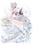  1girl arknights book bow cake cup demon_horns dress ear_piercing expressionless food hair_ornament highres holding holding_book horns looking_at_viewer lying mudrock_(arknights) nanaponi on_stomach piercing plate pointy_ears red_eyes solo teacup white_background white_dress white_hair 