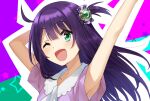  1girl ahoge arms_up bangs fujigami_hina hero-san_to_moto_onna_kanbu-san highres one_side_up open_mouth purple_hair smile solo somechime_(sometime1209) star_(symbol) 