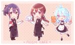  3girls :d ;q absurdres adachi_sakura adachi_to_shimamura alternate_costume antenna_hair apron black_apron black_dress black_footwear black_neckwear black_pants black_ribbon blue_hair blush bobby_socks bow bowtie braid brown_background brown_hair character_request closed_mouth collared_shirt cup dress drinking_glass drinking_straw food frilled_dress frills hair_bow hair_ribbon heart highres holding holding_tray long_sleeves looking_at_viewer low_ponytail menu multiple_girls one_eye_closed open_mouth pants polka_dot polka_dot_background ponytail puffy_short_sleeves puffy_sleeves purple_hair ribbon shimamura_hougetsu shirt shoes short_sleeves sleeveless sleeveless_dress smile socks sorimachi-doufu standing standing_on_one_leg teacup teapot tongue tongue_out tray violet_eyes waist_apron white_apron white_bow white_legwear white_shirt 
