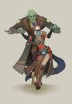  1boy 1girl artist_name aurin bald black_nails blue_skin brown_legwear colored_skin commission green_skin head_wings highres holding_hands hood mimi_phillips_(fusspot) smile standing tail violet_eyes wildstar 