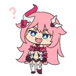  1girl :d ? antenna_hair bangs bare_shoulders basukechi blue_eyes chibi fang full_body hair_between_eyes hair_ornament honkai_(series) honkai_impact_3rd horns long_hair looking_at_viewer open_clothes open_mouth pink_hair rozaliya_olenyeva saliva simple_background single_horn smile solo thigh-highs v-shaped_eyebrows white_background white_legwear 