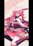  1girl animal_ears bangs bare_shoulders black_footwear boots closed_mouth fox_ears hair_between_eyes honkai_(series) honkai_impact_3rd katana long_hair looking_at_viewer pink_hair pink_skirt sheath sheathed skirt solo sword violet_eyes weapon werlosk white_legwear yae_sakura yae_sakura_(gyakushinn_miko) 