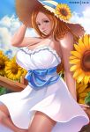  1girl arm_support artist_name bleach blue_ribbon breasts collarbone dress exlic fence flower grey_eyes hat highres inoue_orihime large_breasts long_hair looking_at_viewer orange_hair outdoors patreon_username ribbon sleeveless sleeveless_dress solo sun_hat sunflower sunlight white_dress wooden_fence 