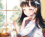  1girl artist_name bangs black_hair bracelet cake cherry closed_eyes coffee coffee_mug cup day dessert earrings food fruit grin hairband holding holding_spoon indoors jewelry long_hair long_sleeves looking_at_viewer mug original piroshiki123 sandwich shirt sitting skirt smile solo spoon table whipped_cream white_hairband white_shirt window 