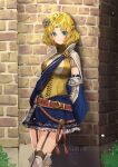  absurdres artist_name blonde_hair blue_eyes boots braid castle circlet crossed_legs fire_emblem fire_emblem_warriors flower frilled_skirt frills hair_flower hair_ornament hairpin highres ku-ini leaning_back legs lianna_(fire_emblem) princess short_hair skirt sunflower sunflower_hair_ornament thigh-highs thigh_boots thighs tiara wall watermark 