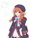  1girl absurdres bangs beret book bow bowtie braid bubble bubble_blowing coat expressionless fizz_(pixiv34498626) hat highres long_hair long_sleeves orange_hair princess_connect! school_uniform shirt simple_background solo twin_braids violet_eyes white_background yuni_(princess_connect!) 