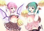  2girls alternate_costume animal_ears arm_up bangs bird_ears bird_wings black_legwear breasts brown_skirt cheerleader choujuu_gigaku cowboy_shot dog_ears dog_tail eyebrows_visible_through_hair fang gradient gradient_background green_eyes green_hair highres holding holding_pom_poms karasuma_amiru kasodani_kyouko looking_at_viewer medium_breasts multiple_girls mystia_lorelei navel no_bra one_eye_closed open_mouth pink_hair pink_skirt pleated_skirt pom_pom_(cheerleading) red_eyes skin_fang skirt small_breasts standing sweat tail tank_top thigh-highs touhou under_boob white_footwear white_tank_top white_wings wings yellow_background 