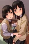  2girls :d absurdres bangs black_hair black_skirt blurry blurry_background blush bow brown_bow brown_eyes brown_sweater closed_mouth collared_shirt depth_of_field diagonal-striped_bow eyebrows_visible_through_hair highres indoors long_sleeves looking_at_viewer matsunaga_kouyou multiple_girls nose_blush original pleated_skirt shirt skirt sleeves_past_wrists smile sweater sweater_vest teeth upper_teeth white_shirt wooden_floor 