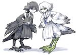  2girls animal_feet bird_legs bird_tail black_feathers black_hair black_skirt black_wings blue_eyes eyebrows_visible_through_hair feathered_wings feathers frown glaring green_eyes hands_on_hips harpy idon looking_at_another monster_girl multiple_girls original school_uniform serafuku short_hair side_slit simple_background skirt standing tail tail_feathers talons webbed_feet white_background white_feathers white_hair white_skirt white_wings winged_arms wings 