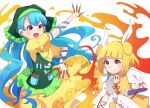  2girls ametama_(runarunaruta5656) apron arm_ribbon arm_up bangs between_fingers blonde_hair blue_hair blue_ribbon brush closed_mouth double_bun dress eyebrows_visible_through_hair fire flower green_apron green_headwear hair_ribbon hand_up hands_up haniwa_(statue) haniyasushin_keiki highres joutouguu_mayumi long_hair looking_at_another looking_to_the_side multiple_girls open_mouth pants pink_eyes pocket puffy_short_sleeves puffy_sleeves red_ribbon ribbon short_hair short_sleeves simple_background smile touhou white_background white_flower white_pants white_ribbon white_sleeves yellow_dress yellow_eyes yellow_sleeves 