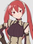  1girl annoyed black_shirt breasts detached_sleeves do_m_kaeru fire_emblem fire_emblem_fates hand_on_hip long_hair looking_at_viewer medium_breasts red_eyes redhead selena_(fire_emblem_fates) shirt standing twintails upper_body vest watermark white_background 