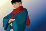  1boy beige_background black_eyes black_hair blue_background blue_kimono closed_mouth crossed_arms facing_viewer fullmetal_alchemist gradient gradient_background japanese_clothes kimono light_blue_background light_smile looking_down male_focus plaid plaid_scarf red_scarf roy_mustang scarf spiky_hair striped striped_kimono tsurime unmoving_pattern upper_body urikurage yellow_background yukata 
