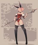  1girl animal_ears black_bow black_legwear black_neckwear border bow bowtie closed_mouth covered_eyes detached_sleeves facing_viewer full_body grey_border hair_over_eyes highleg highleg_leotard highres holding holding_polearm holding_spear holding_weapon lamb-oic029 leotard original pink_hair playboy_bunny polearm rabbit_ears red_leotard short_hair smile solo spear thigh-highs two-handed weapon wrist_cuffs 