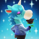  1boy animal_crossing animal_ears black_flower black_pants black_rose blue_background blue_hair blue_shirt butterchickenbutt closed_eyes closed_mouth commentary eyeshadow flower frilled_sleeves frills furry hand_on_hip holding holding_flower horns horse_boy horse_ears horse_tail instagram_username julian_(animal_crossing) long_hair long_sleeves makeup making-of_available male_focus mane pants profile rose shirt single_horn smelling_flower solo sparkle tail unicorn upper_body 