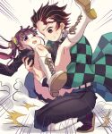  1boy 1girl black_hair black_skirt brown_hair butterfly_hair_ornament checkered couple earrings hair_ornament japanese_clothes jewelry kamado_tanjirou kimetsu_no_yaiba long_hair long_sleeves looking_at_viewer pleated_skirt scar shirokuma_(shiropan777) side_ponytail skirt teeth tsuyuri_kanao violet_eyes 