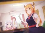 3girls absurdres air_conditioner arapi blonde_hair blue_eyes breasts child chopsticks cooking cup door dragon_girl dragon_horns dragon_tail flat_chest food frying_pan glasses gloves highres horns indoors kanna_kamui kobayashi-san_chi_no_maidragon kobayashi_(maidragon) lamp large_breasts long_hair long_sleeves low_twintails maid maid_headdress meat multiple_girls necktie ponytail redhead shirt silver_hair tail tohru_(maidragon) twintails window yellow_eyes 