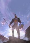  1boy armor blue_sky covered_face dark_souls_i day full_armor helmet highres holding holding_shield holding_sword holding_weapon mail_armor male_focus miso_katsu outdoors shield sky solaire_of_astora solo souls_(series) standing sword tabard weapon 