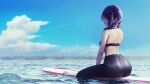  1girl ass back bangs bare_shoulders blue_sky blurry blurry_background braid diagonal_bangs earrings from_behind hair_over_shoulder highres idolmaster idolmaster_shiny_colors jewelry minyom purple_hair sitting sky surfboard tanaka_mamimi twin_braids violet_eyes water waves wet wet_hair wetsuit 