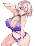  1girl absurdres blue_eyes breasts brown_hair covered_nipples gridman_universe hand_on_thigh highres instance_domination large_breasts looking_at_viewer medium_hair mujina one-piece_swimsuit purple_swimsuit see-through simple_background smile solo ssss.dynazenon swimsuit swimsuit_under_clothes takayama_toshinori veins veiny_breasts white_background 