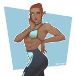  abs absurdres biceps bikini bikini_top bordoggo dark-skinned_female dark_skin earrings elf highres jewelry muscular muscular_female original pants piercing pointy_ears redhead swimsuit thin_waist yoga_pants 