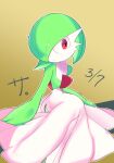  1girl artist_name bangs blush bob_cut brown_background closed_mouth colored_skin commentary_request dated flat_chest full_body gardevoir gen_3_pokemon gradient gradient_background green_hair green_skin hair_over_one_eye highres komhey legs_together light_blush looking_to_the_side multicolored multicolored_skin outline pokemon pokemon_(creature) red_eyes shiny shiny_hair short_hair signature simple_background sitting solo translated two-tone_skin white_outline white_skin yokozuwari 