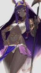  1girl absurdres armlet bracelet dark-skinned_female dark_skin earrings facial_mark fate/grand_order fate_(series) hand_on_hip highres hoop_earrings huge_filesize jewelry long_hair low-tied_long_hair navel nitocris_(fate) pelvic_curtain purple_hair staff violet_eyes you-6-11 