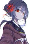  1girl :o absurdres floating_hair flower hair_bun hair_flower hair_intakes hair_ornament highres huge_filesize idolmaster idolmaster_shiny_colors japanese_clothes kimono looking_at_viewer looking_to_the_side morino_rinze natsume_hinako red_eyes simple_background solo spider_lily upper_body white_background 