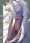  1girl absurdres animal_ears arknights bangs drawstring eyebrows_visible_through_hair flat_chest from_side hands_in_pocket highres hood hoodie horse_ears long_eyelashes long_hair platinum_(arknights) ponytail red_shirt sarasa_dry shirt simple_background sweatshirt white_hair 