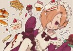  1girl blonde_hair cake cake_slice collared_shirt ear_piercing earrings food hair_over_one_eye happy_birthday highres idolmaster idolmaster_cinderella_girls jewelry long_sleeves looking_at_viewer no1shyv pancake pie piercing red_eyes shirasaka_koume shirt sleeves_past_fingers sleeves_past_wrists solo 