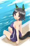  :d animal_ears bandaid bandaid_on_cheek bangs bare_arms bare_shoulders black_hair blue_swimsuit blush breasts collarbone hair_ornament hairclip highres horse_ears horse_girl horse_tail looking_at_viewer looking_back medium_breasts one-piece_swimsuit open_mouth parted_bangs pool poolside red_eyes retsumaru short_hair sitting smile swimsuit tail umamusume upper_teeth water winning_ticket_(umamusume) 
