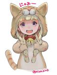  1girl :d animal_costume animal_ears bell blonde_hair braid cat_costume cat_ears cosplay dragon_quest dragon_quest_xi highres holding holding_hair jingle_bell kigurumi looking_at_viewer miso_katsu neck_bell open_mouth simple_background smile solo twin_braids twitter_username upper_body veronica_(dq11) violet_eyes white_background 