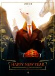  2013 3others aojima black_suit formal hands_together happy_new_year horse interlocked_fingers long_sleeves multiple_others necktie new_year original rabbit red_eyes red_neckwear snake star_(symbol) suit tongue tongue_out 