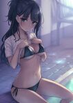  1girl bangs bikini bikini_under_clothes black_bikini black_hair blue_eyes blurry blurry_background blush breasts closed_mouth clothes_lift collarbone eyebrows_visible_through_hair hair_behind_ear half_updo hands_on_own_chest hands_up idolmaster idolmaster_shiny_colors indoors kazano_hiori lifted_by_self light_particles long_hair looking_at_viewer medium_breasts navel nya-c pool poolside raised_eyebrows shirt shirt_lift short_sleeves side-tie_bikini sitting soaking_feet solo stomach string_bikini swimsuit tile_floor tiles under_boob water wavy_hair white_shirt 