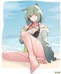  1girl aliasing animal_ear_fluff animal_ears arknights arm_support bangs bare_legs beach bikini black_bikini blue_sky border cat_ears collarbone commentary english_commentary eyebrows_visible_through_hair feet foot_focus full_body green_hair green_shirt highres horizon kal&#039;tsit_(arknights) medium_hair nuggetkouhai ocean off_shoulder one_eye_closed open_clothes open_shirt shirt sitting sky solo swimsuit toes white_border 