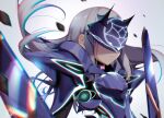  1girl armor chromatic_aberration debris eye_mask fate/grand_order fate_(series) glowing highres lancelot_(fairy_knight)_(fate) long_hair pei_iriya shoulder_armor signature white_hair 