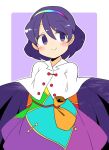  1girl arms_behind_back bag bangs border cape closed_mouth cowboy_shot eyebrows_visible_through_hair ini_(inunabe00) long_sleeves looking_to_the_side multicolored multicolored_clothes multicolored_hairband purple_background purple_hair short_hair simple_background smile solo standing tenkyuu_chimata touhou violet_eyes white_border white_cape 